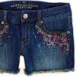 Boho Shorts AMERICAN EAGLE AEO Colorful Blue Denim Floral Embroidered Size 4
